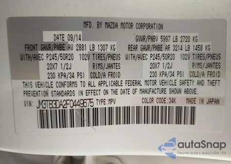 2015 Mazda Cx-9 Grand Touring из США, поврежденный, VIN JM3TB3DA2F0449675